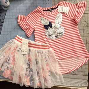 Easter Spring Outfit ZUNIE Girls Coral Stripe Bunny Applique Top & Skort sz 5